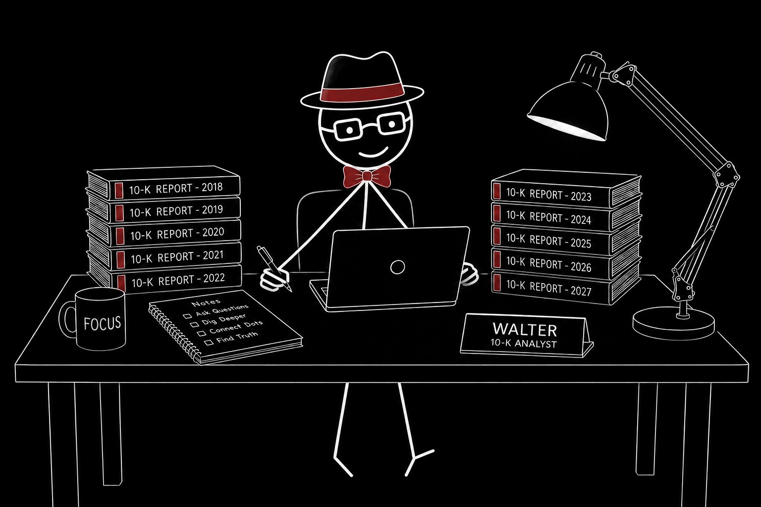 Walter10K at his desk, pen in hand, smiling — ready for your message